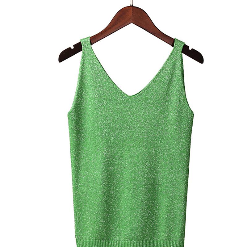 Women Summer Sexy Slim V-Neck Bright Silk Knitted Sleeveless Vest Top T-Shirt Basic Trend