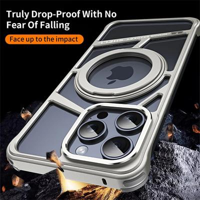 Luxury Metal Frameless For Magsafe Magnetic Stand Phone Case for iPhone 16 15 14 Pro Max Aluminum Alloy Heat Dissipation Cover