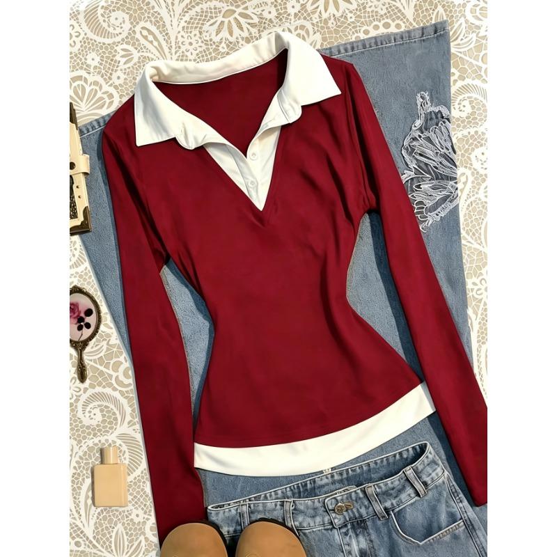Women S Long Sleeve Polo Shirt Color Block Knit Top