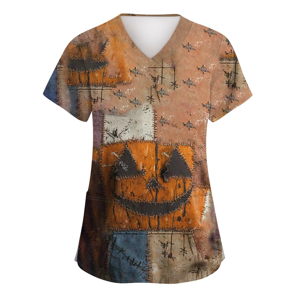 Women's Fashion Short Sleeve Halloween Print V-Neck Pocket Workwear Tops