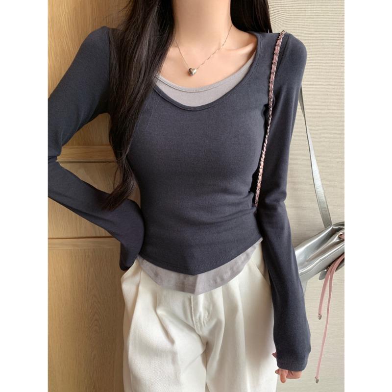 

The real shot is a fake two-piece long-sleeved T-shirt for women s autumn with a slim-fitting bottoming shirt and a color-matching top. XL темно-сірий