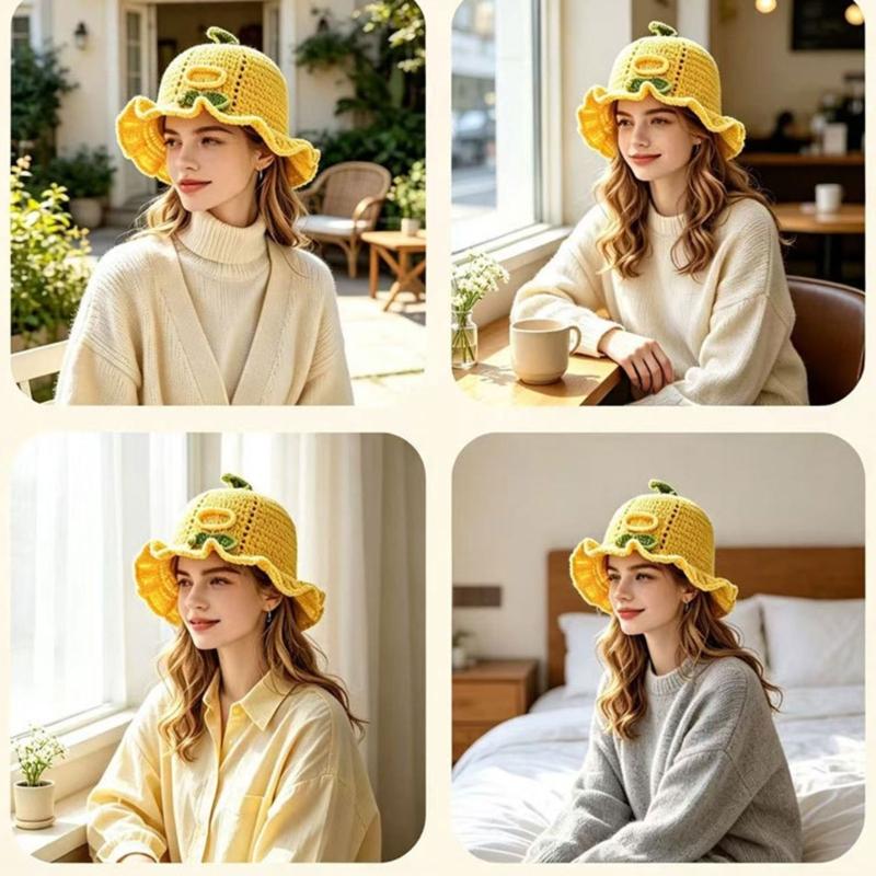 Crochet Bucket Hat with Lemon Design, Soft Brims Cotton Ruffle Fisherman Cap for Winter Outings Travel, Adult Photography Props