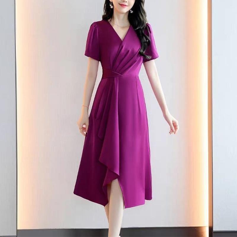 Vestido de Verano con Cuello en V Elegante Moda Pliegues Cintura Dama Manga Corta Temperamento Vestido de Fiesta Noche Mujeres Color Sólido Abertura Vestidos