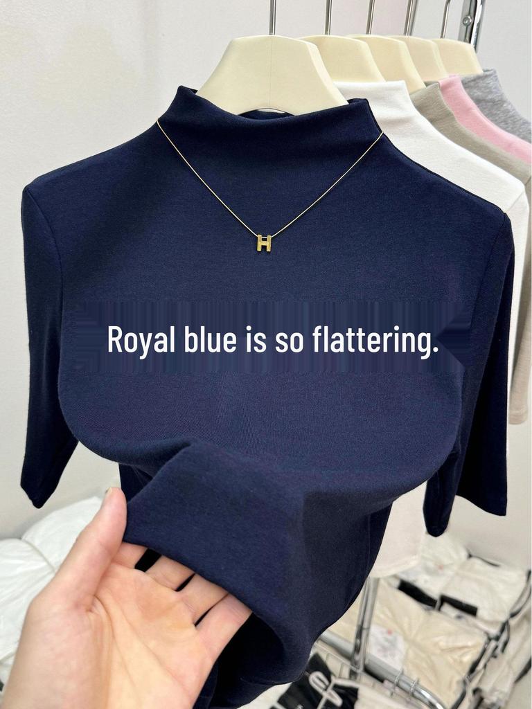 Women's Spring 2026 Red Mid-Sleeve High-Collar Slimming T-shirt – Fashionable Simple Solid Color Top