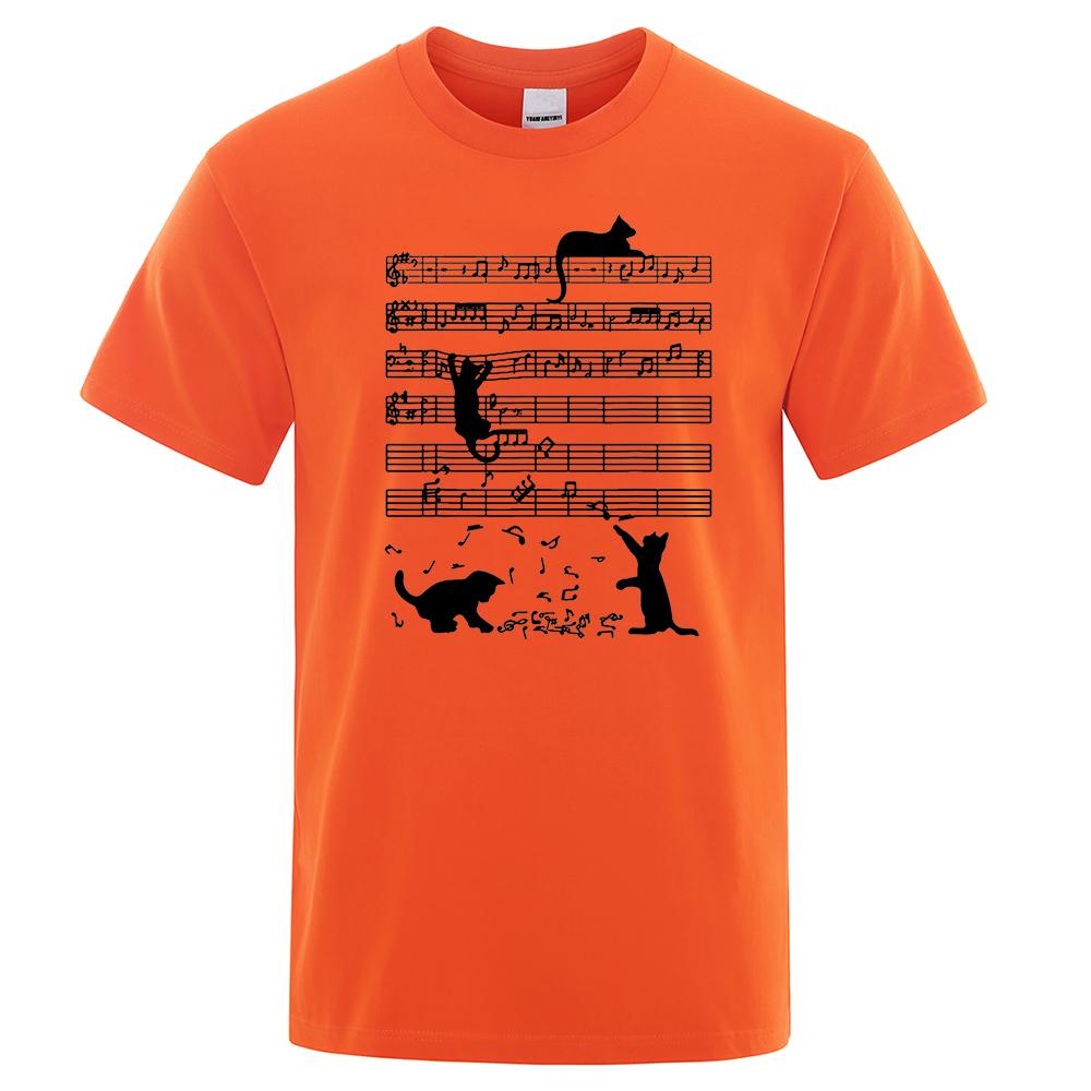 Cotton T Shirt Printed Cat Playing Staves Funny T-shirts for Men Summer Short Sleeve Top Tee Shirts Casual Basic Mens T-shirt