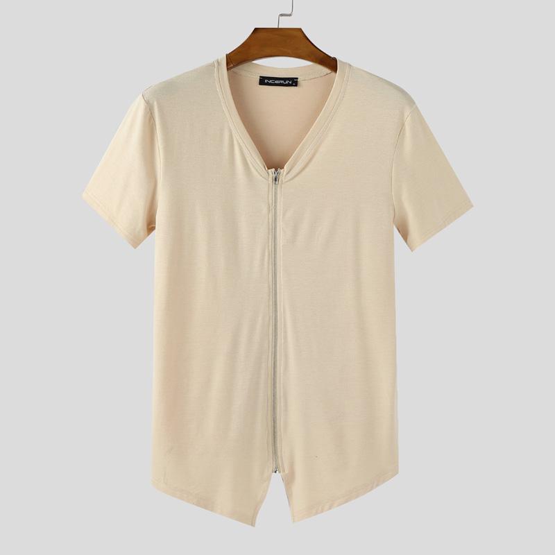 INCERUN T-shirts Homme Col V Zippé Manches Courtes Irrégulier Casual Ajusté