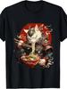 Retro Manga Ramen Bowl Print T-Shirt Featuring a Samurai Cat And Ninja In Japanese Ukiyo-E Style