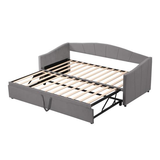 Upholstered Bed Extendable Sofa Bed 90/180x200cm with Slatted Frame, Multifunctional Bed Made of Skin-Friendly Velvet Fabric