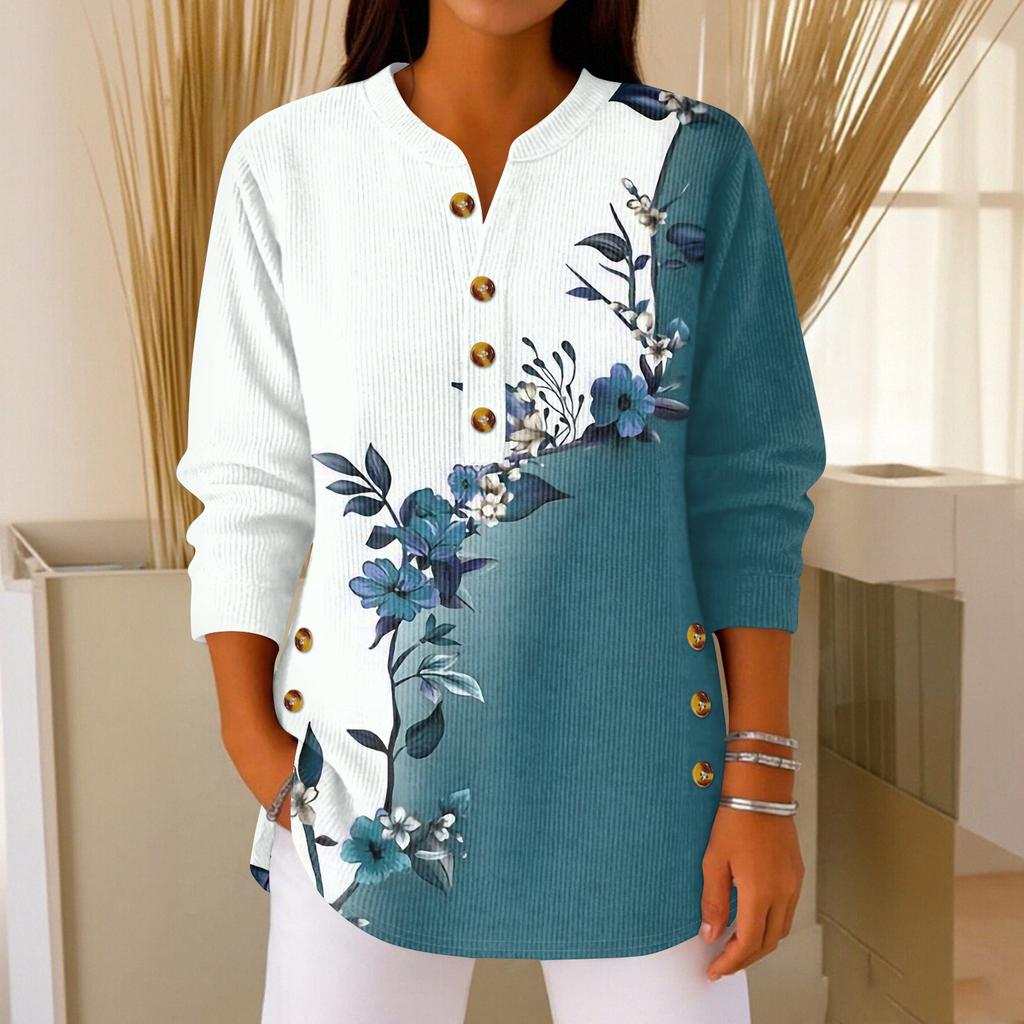 Damen Modisches Knopfkragen Langarm Weihnachtsdruck Pullover Top