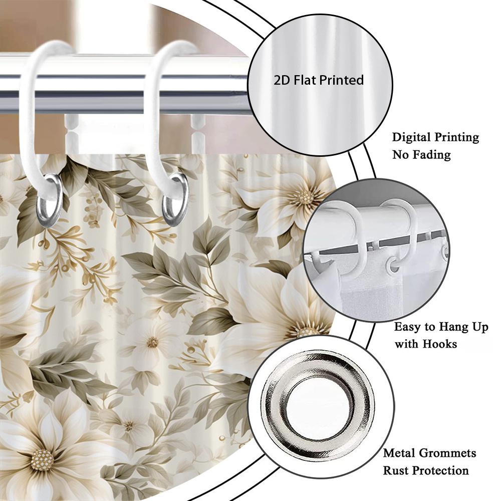 1Pc Elegant Floral Patterned Shower Curtain, Machine Washable Polyester Fabric, Suitable For Bathroom Dcor.