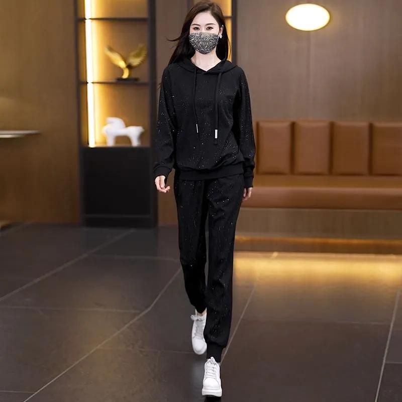 Women Rhinestone Hooded Long Sleeve Loose Two Piece Pants Set