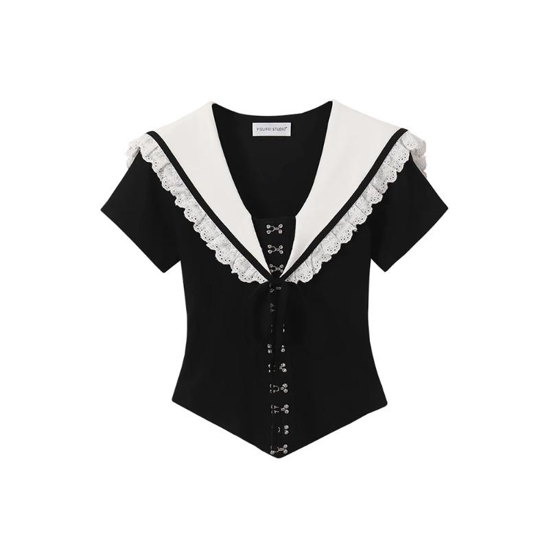 

Женская черная готическая футболка Harajuku Korean Y2k Sailor Collar Tee Top Vintage Short Sleeve T Shirts 2000s Clothes Summer 2024 M чёрный