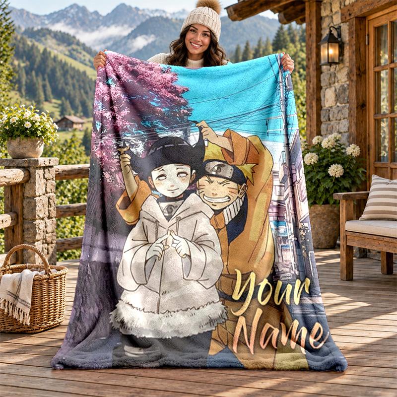 Hyuga Hinata Custom Name Flannel Blanket Personalized Soft Warm Plush Throw Blanket Customized Gift for Family Friends