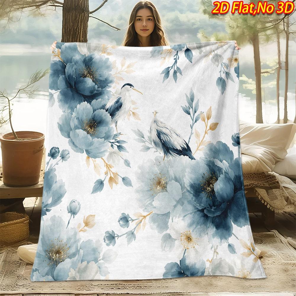 1pc 2D Flat Printing Spring And Summer New Arrival Blue White Floral Birds Theme Digital Print Blanket, All-Season Use, Casual Throw, 100% Polyester F