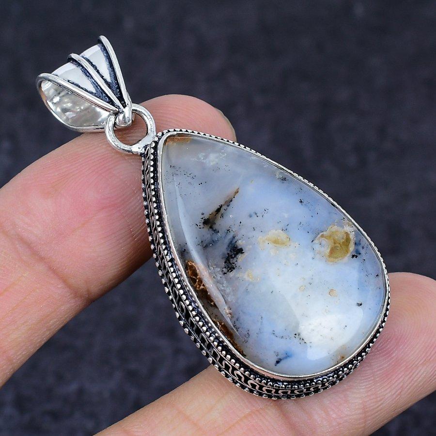 Dendrite Opal Gemstone Handmade 925 Sterling Silver Jewelry Pendant 2.13" A3L33