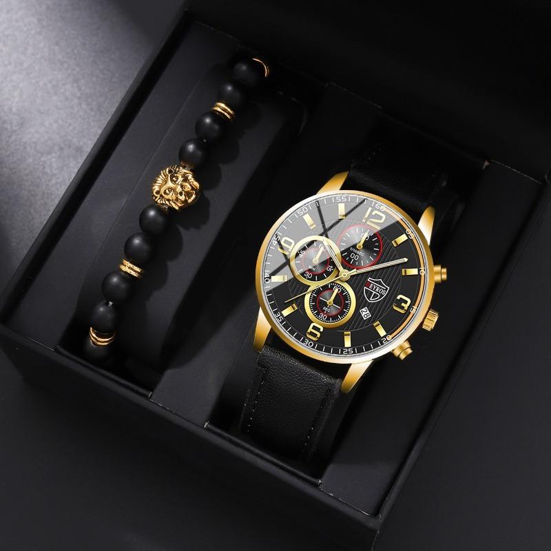 2PCS/Set DEYROS Luxury Men's Watch Fashion Men's Leather Strap Calendar Watch Casual Men's Quartz Watch Father's Day Gift