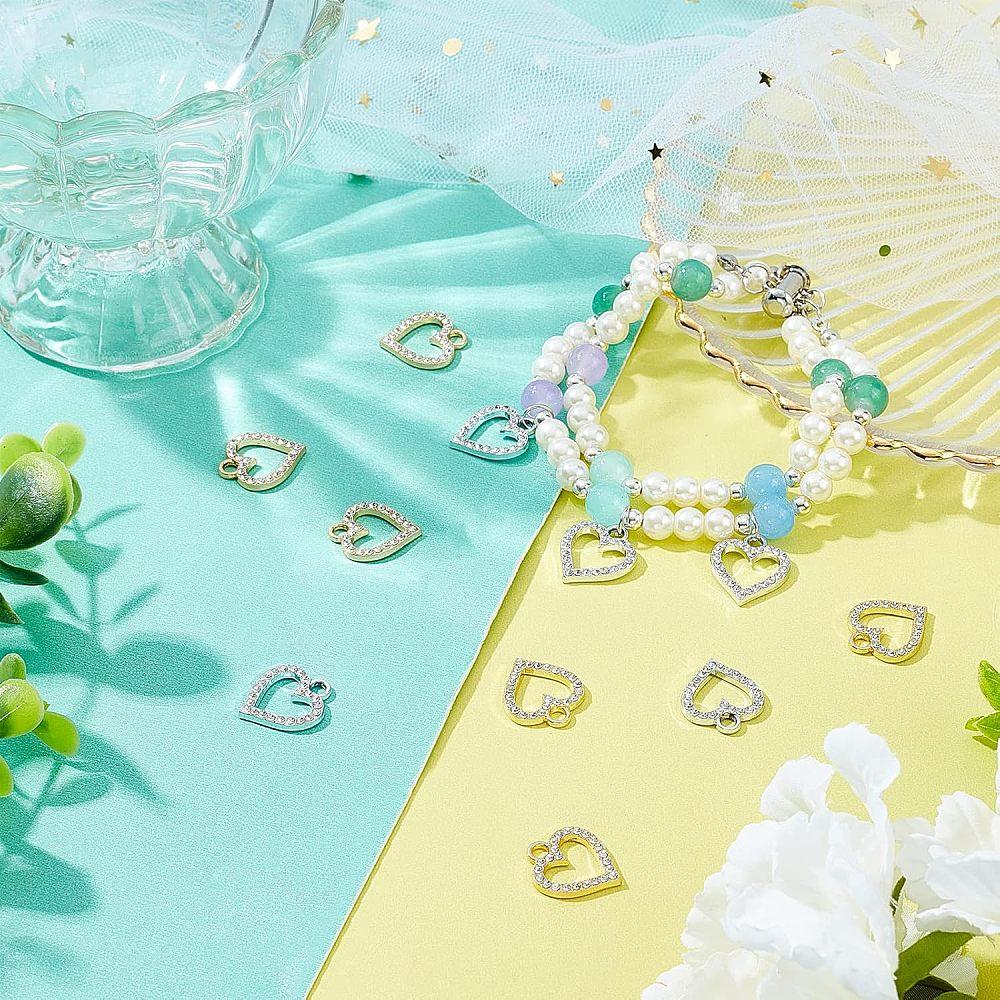 60Pcs 2 Colors Alloy Charms with Rhinestone Cadmium Free & Lead Free Heart Platinum & Light Gold 17x15x2mm Hole: 2.5mm 30pcs/color