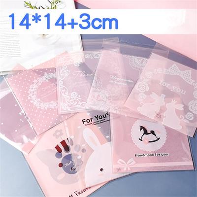 100Pcs 14x14cm Cartoon Animal Flower Lace Printed Plastic Bags Cookie Snack Self Stick Packaging Wedding Party Accessories