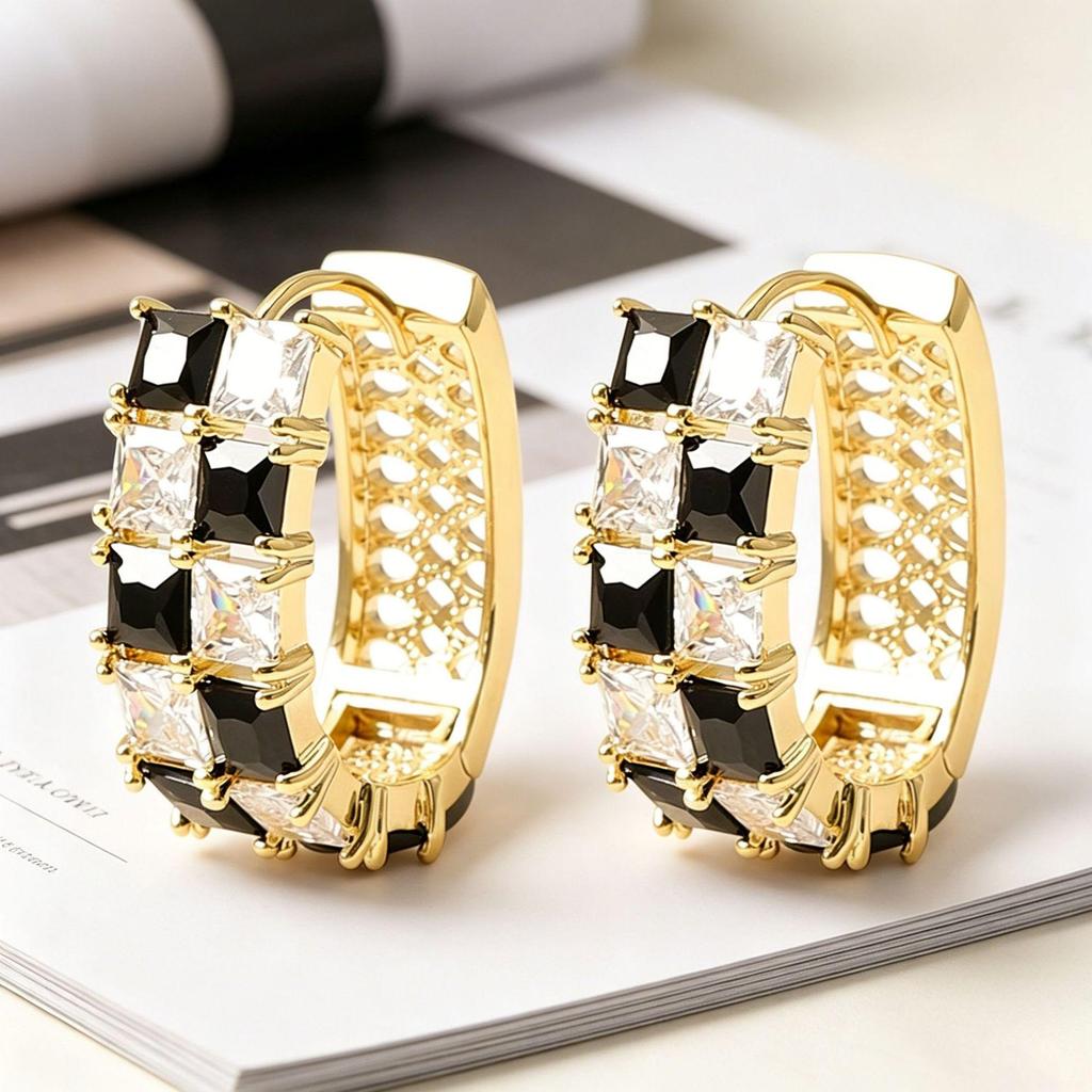 Yanbai Geometric Zirconia Checkerboard Earrings - Black & White Studs.