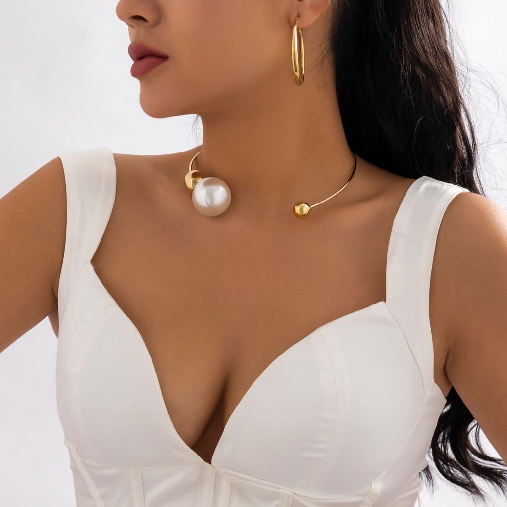 (Ssejrn)Ring Necklace Necklace Asymmetric Imitation Pearl Ball Bead Necklace Women Jewelry Gift