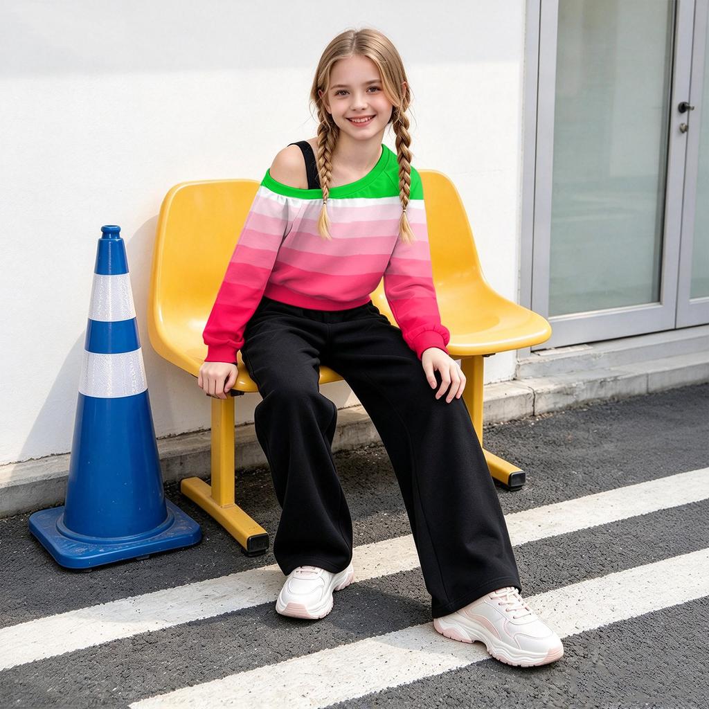 Girls' Casual 2 Piece Outfit Off Shoulder Print Sweatshirt and Black Wide Leg Pants Set