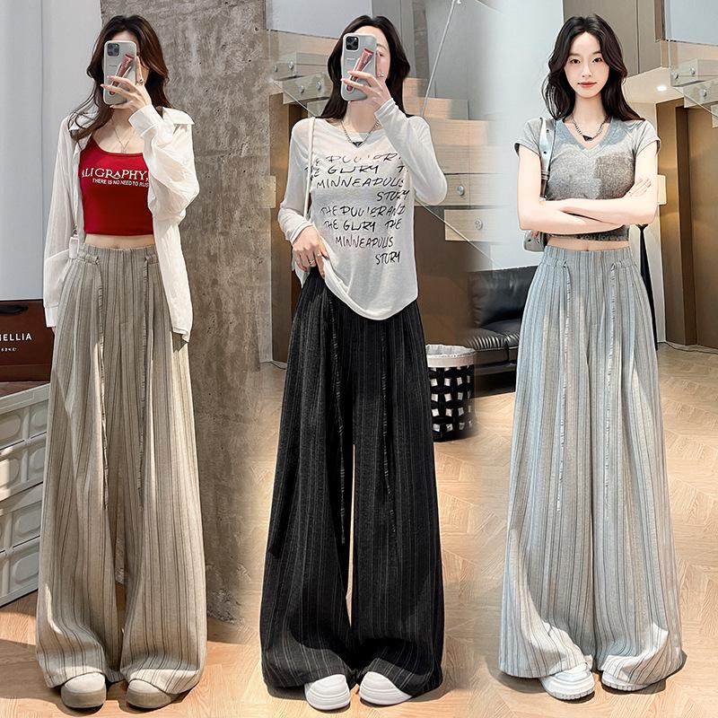 Korean Retro Style Women's Striped Wide-Leg Lace-Up Pants - 2026 Summer Collection
