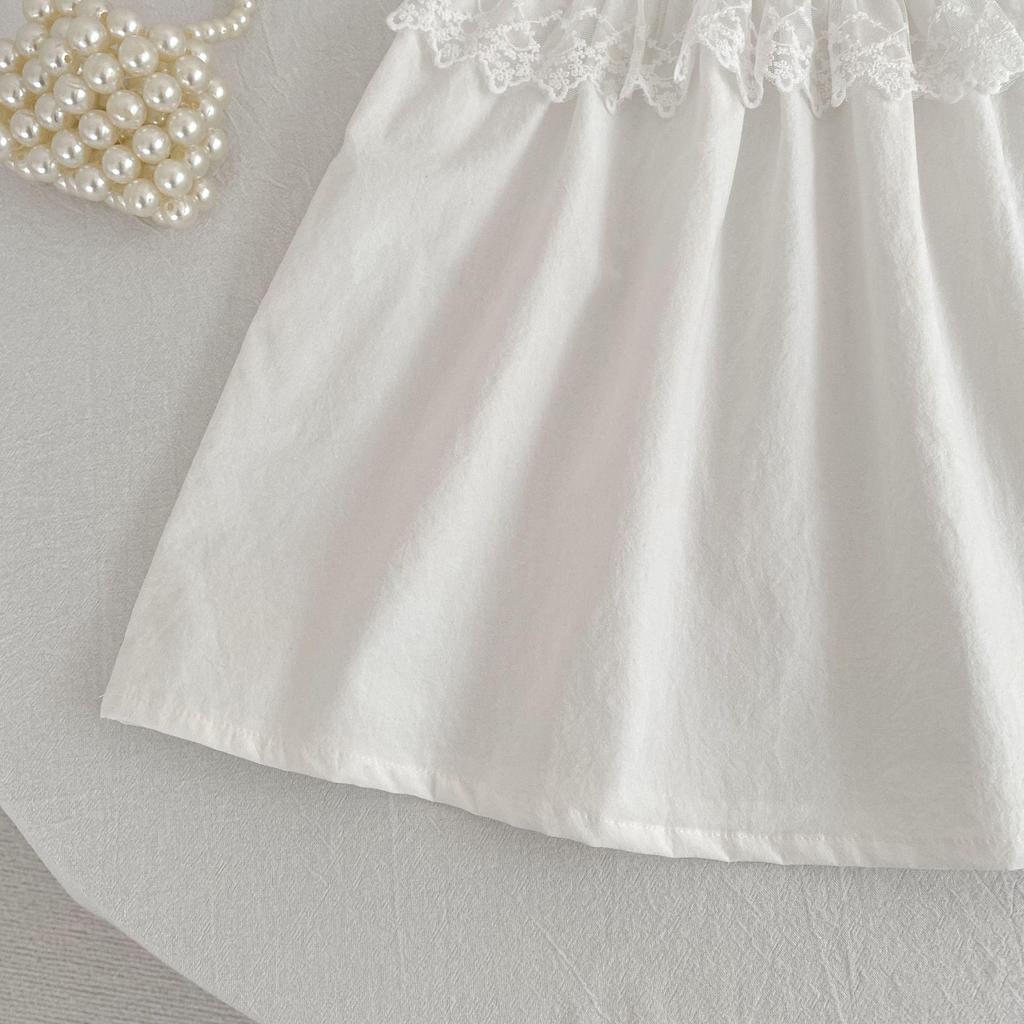 Girls' Korean Style White Flutter Sleeve Cotton Dress - Summer New Arrival Princess Dress