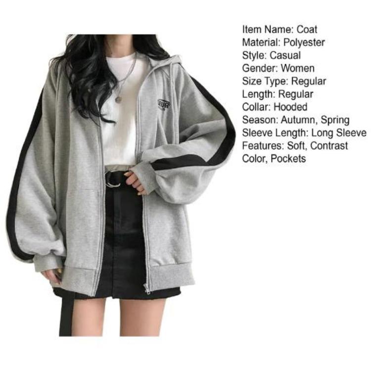 Women Loose Casual Hoodie Coat Cardigan with Zipper Long Sleeves Contrast Color Hooded Soft Warm Outerwear for Spring