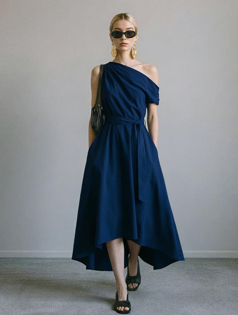 New Summer/Fall Collection Elegant Off-the-Shoulder Waist-Cinched Tie-Front Dress with Asymmetrical Hem for Women