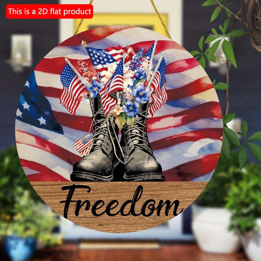 2D flat 20*20cm1pc Freedom Battle boots&USA Flag patterns Decoration, Patriotic Theme Independence Day Round Wooden Sign, Applicable to Bar&Party&Yard