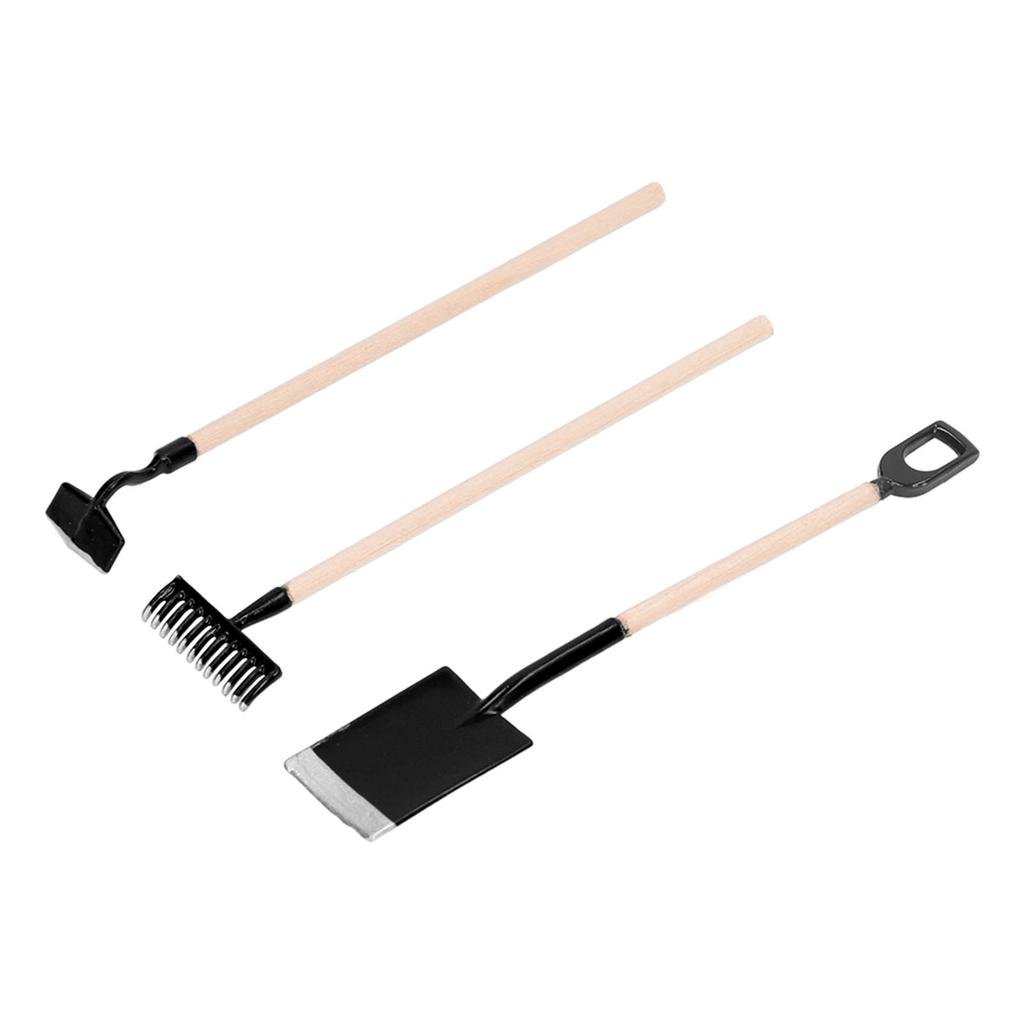 1:12 Scale Miniature Garden Hand Tools Alloy Wooden Dollhouse Rake Zen Shovel Model for Decoration