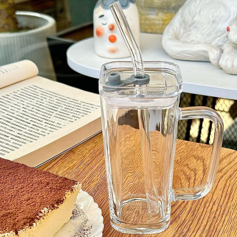 Ins Glass Cup With Straw Handle 250ml Glass Tumbler For Coffee Tea Water Wine Milk Juice Matcha Portable Crystal Glass Bottle 250ml