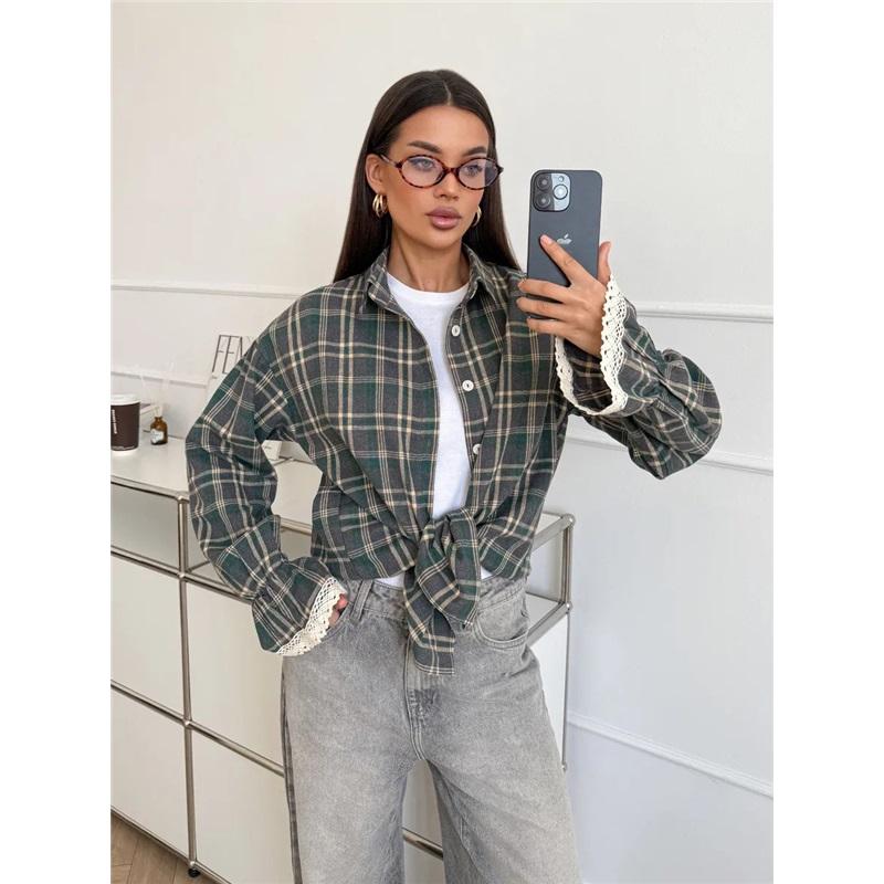 Women Plaid Button Down Shirt Lapel Collar Long Sleeve Lace Cuff Casual Loose Blouse