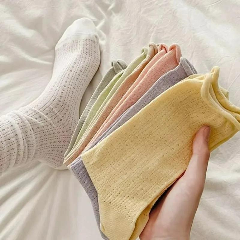 2026 Summer Sweet Socks for Women Thin Candy Color Hollow Out Loose Socks for Women Girls Korean Fashion Mid-tube Pile Sockings