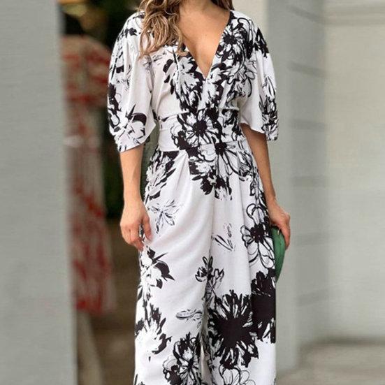 Tuta da donna con scollo a V, maniche a pipistrello a metà manica, schiena scoperta, vita alta, elastico in vita, stampa floreale, ampia, casual, tutina