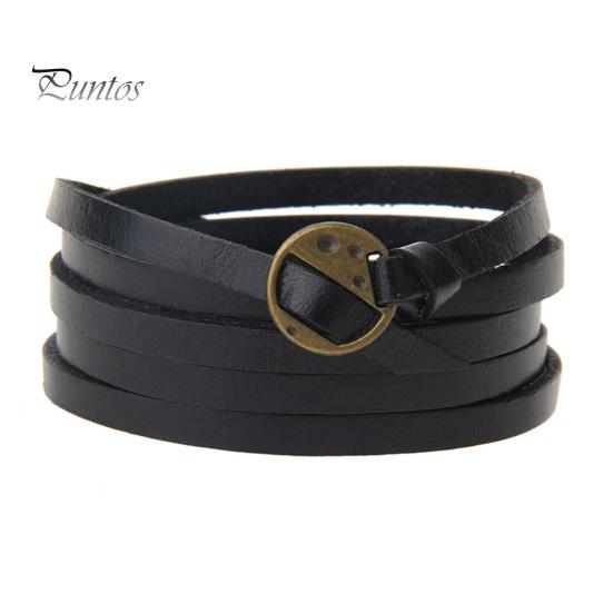 

Многослойный браслет из искусственной кожи, винтажный ремешок на запястье, регулируемая длина, пряжка с буквенным дизайном, ремень в стиле панк, браслет, мужской подарок чёрный