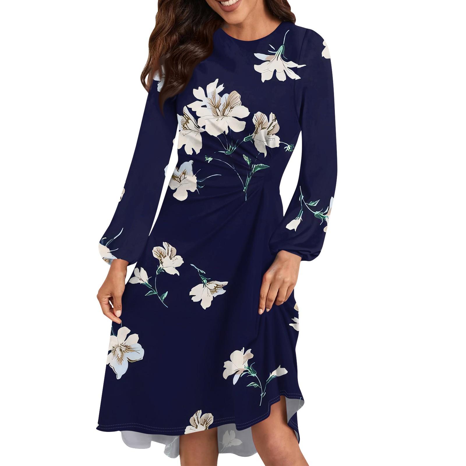 

Женское повседневное платье с круглым вырезом и длинными рукавами, свободное плиссированное платье на талии S