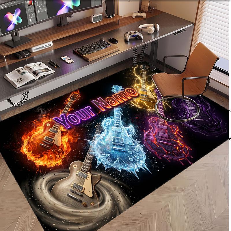Music Guitar Theme Soft Crystal Velvet Rug Custom Name & Text Print Non Slip Floor Rug for Bedroom Living Room