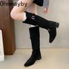 Winter Hottie Pleated Women Western High top Fashion Belt Buckle Slip on Concise Thick Heel Knight Long Booties