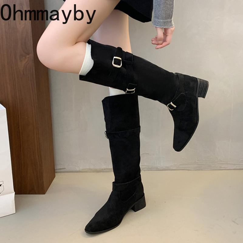 Winter Hottie Pleated Women Western High top Fashion Belt Buckle Slip on Concise Thick Heel Knight Long Booties