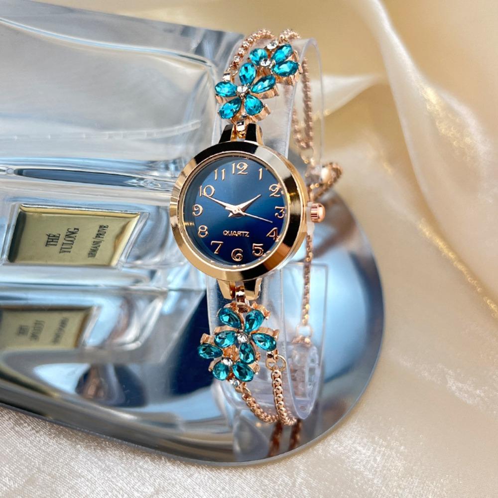 Fashion Flower Rhinestone Watches Simple Bracelet Wristwatches Adjustable Strap Quartz Watch Gifts синий
