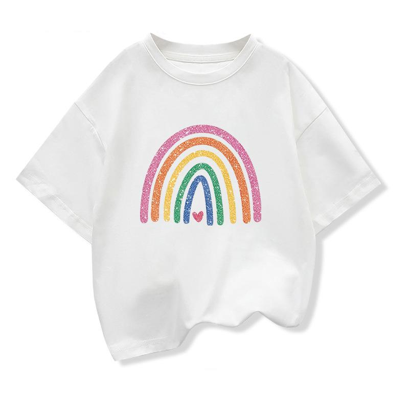 Baby Girl Summer White Clothes Kid Girls Casual Rainbow Printed Tshirts Children Fashion Crew Neck Short Sleeve Top