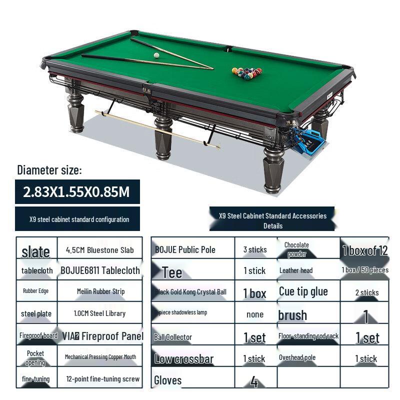 Bojue 9-Foot Black Eight Steel Rail Billiard Table