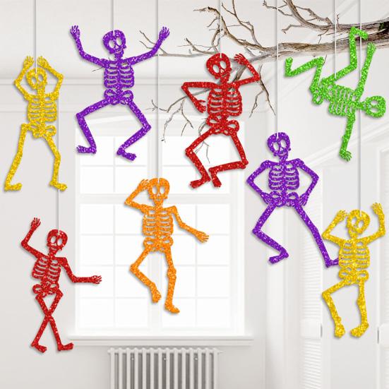 8 Pcs Colorful Hanging Skeleton Decoration Glitter Paper Skeleton Bunting