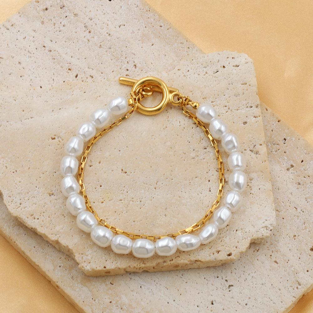 European & American Design Double-Layer OT Buckle Pearl Bracelet - Fashionable Titanium Steel Jewelry for Women
