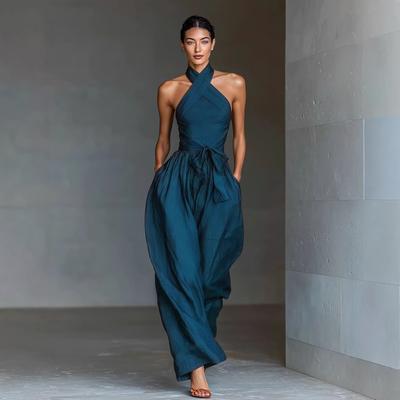 Europäischer und amerikanischer neuer Damen-Schnür-Leinenstoff-Overall mit Kreuzträgern und weitem Bein
