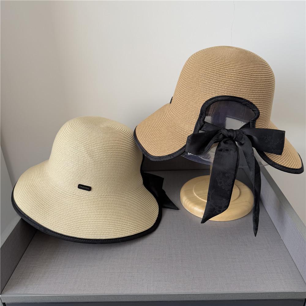 UV Large Brim Bow Empty Top Straw Hat Women's Summer Travel Beach Sunshade Sun Protection Foldable Sun Hat