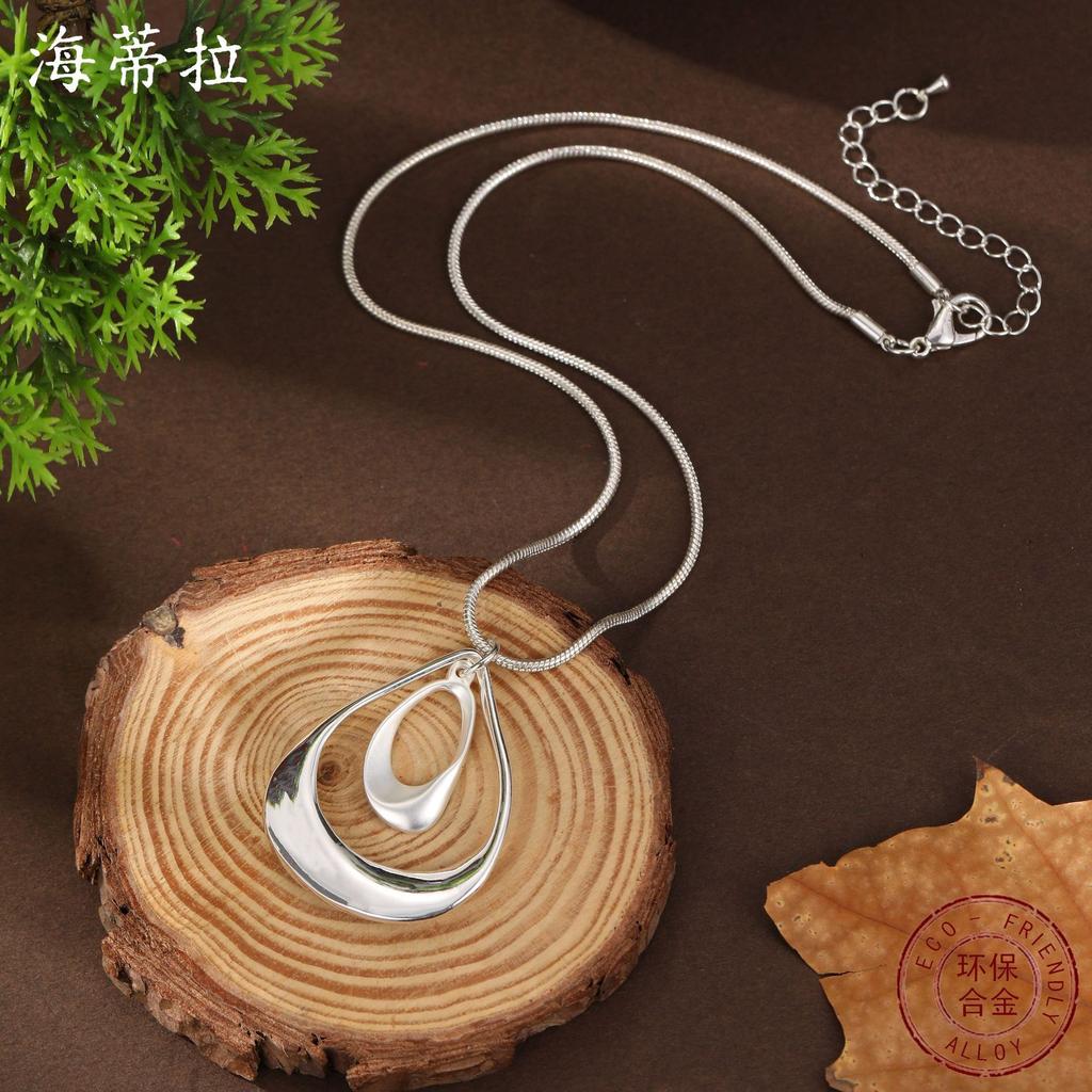 New Hollow Double-layer Water Drop Small Pendant, Women's Simple Dumb Silver, Bright Silver Water Drop Versatile Neck Necklace