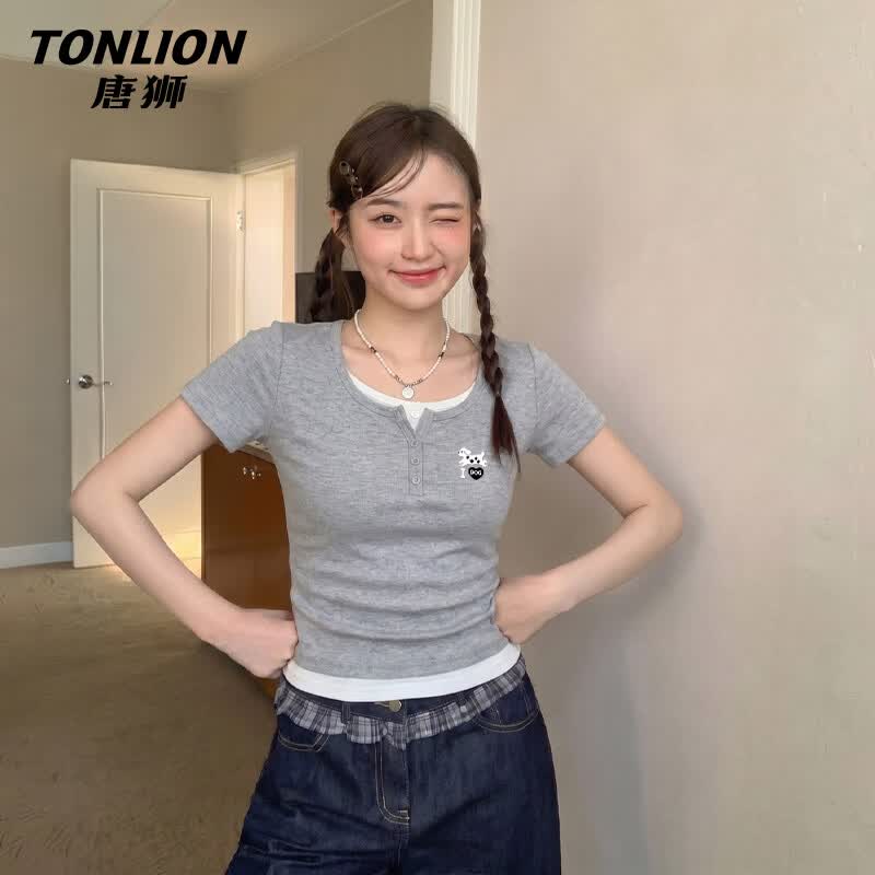 TonLion Women s Faux Two-Piece Short Sleeve T-Shirt S