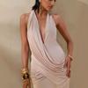 Women's new fashion Spice Girl deep V neck hip skirt pleated backless sexy European and American split dress